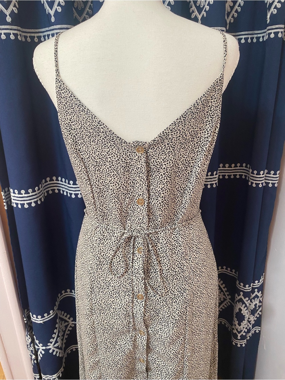 Sienna Sky Black and Cream Backless Button-Front Spaghetti Strap Dress